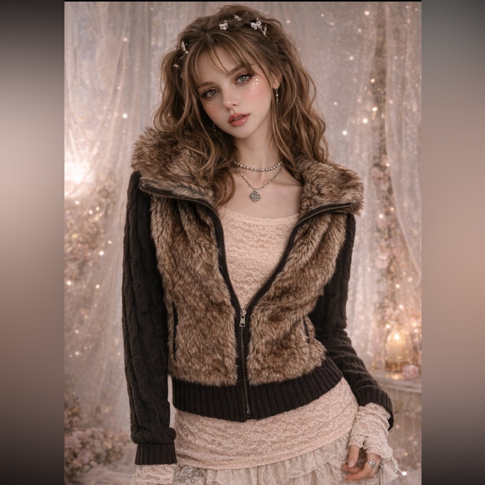 Vintage Y2K Ci Sono faux fur cable knit sweater jacket